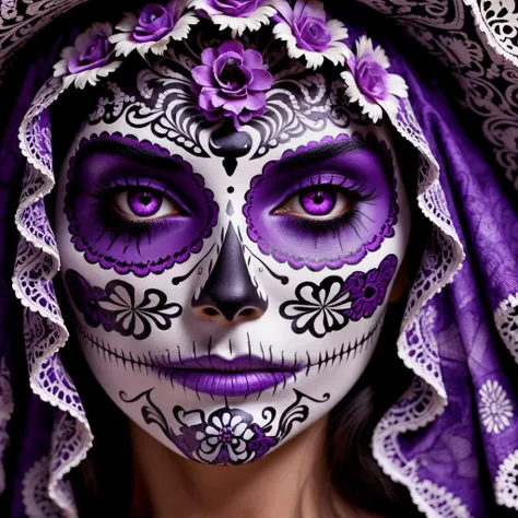 Close Up Face Image of beautiful women as a LaCatrina, Highly Detailed, Purple Details, Portrait, Extreme Detailed, Traditional La Catrina