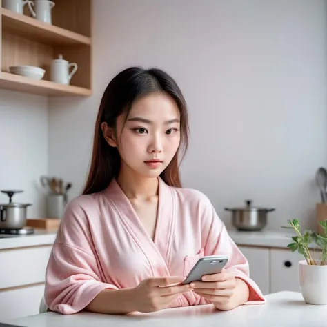 Asian young female student looking at smartphone while sitting at the kitchen table, in the style of romantic soft focus and ethereal light, Chinese, Wear pink loungewear, The expression is confused, pure white background, graceful, gentleness, Symmetrical beauty, unique beauty, thin face, make - up picture, business picture, business, medical beauty industry advertising map, beautiful and novel shooting angle, professional portrait lighting, studio lighting, wearing simple clothes, business sense, professional photography, extremely detailed, ultra hd, max detail, sharpen, sharp details, amazing quality, incredibly detailed, negative space, hyperdetailed, Textured skin, 4k, super detail