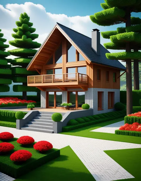Wide angle voxel-style digital illustration, (Chalet-style wooden house in forest:1.3), Central perspective composition, Dark wood structure, Sloped roof with overlapping planks, (Grid-patterned large windows:1.2), Triangular roof, Gray chimney, (Gray block stairway leading to terrace:1.2), Elevated wooden terrace with railing, Green potted bushes, (Surrounding tall square-trunk trees:1.3), Vivid green leaves, Uniform canopies, (Blocky terrain of earth and grass:1.2), Scattered red and white flowers, Random bushes, Gray stone path encircling house, Blue sky with voxel white clouds, Bright lighting, Warm and colorful ambiance, Pixelated clarity, Vivid and sharp detailing.Masterpiece,best quality,hi res,8k,hi res,8k,award winning,(sharp focus, intricate, highly detailed),