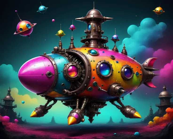 drkkaw, colorful surrealism, little kawaii spaceship, color splash, vibrant colors, 10k high resolution, great quality, highly detailed, surreal steampunk, dark surrealism, <lora:Drkkaw:0.6>