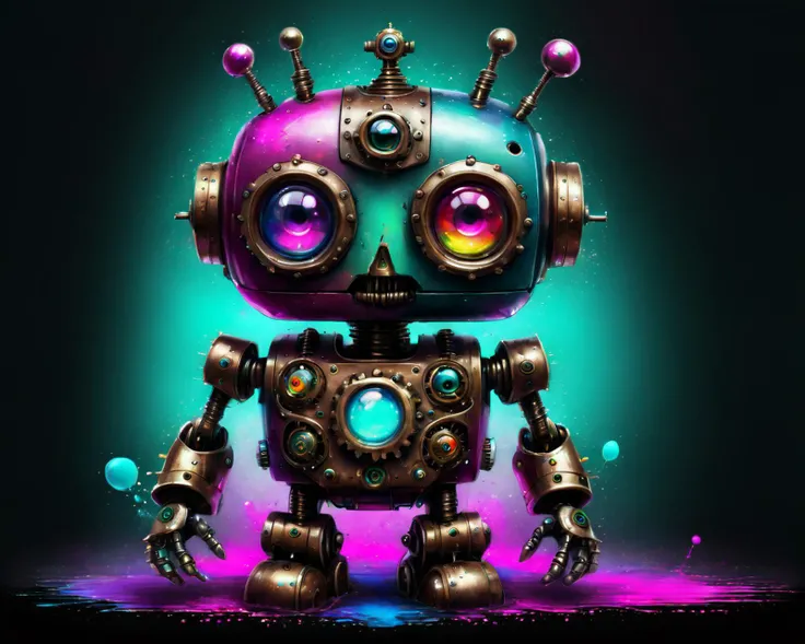 drkkaw, colorful surrealism, little kawaii robot, color splash, vibrant colors, 10k high resolution, great quality, highly detailed, surreal steampunk, dark surrealism, <lora:Drkkaw:1>