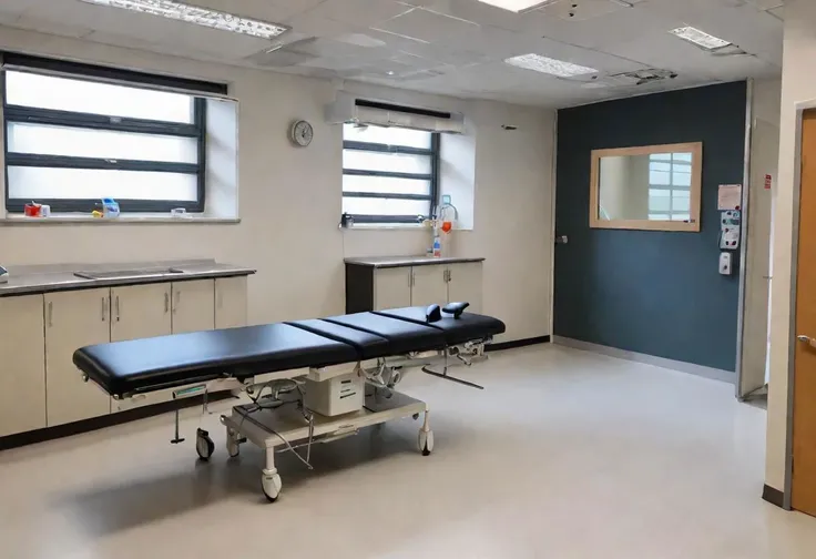 in a doctor's office, there is a straight examination table in the middle, medical fixation devices hang from the examination table, with a black surface, there is no window in the background, only a door