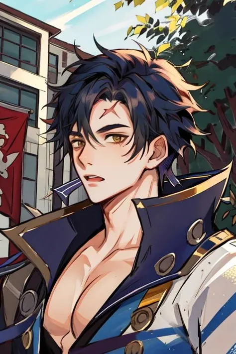 1boy,yao,blue spike hair,male focus,(forehead cross scar:0.9) ,outdoor,school,<lora:yao-10:1> <lora:lorav2-5-256-768:0.3>