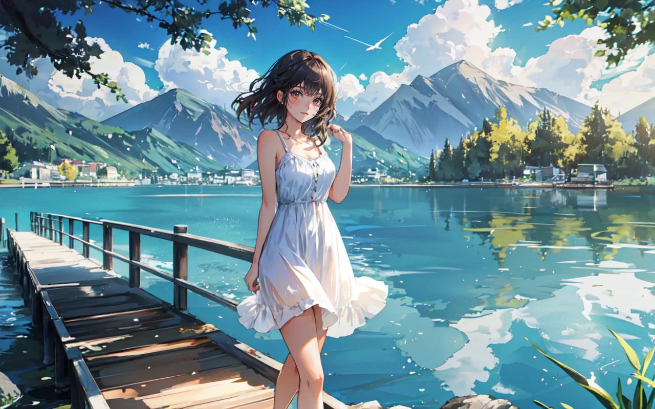 (scenic outdoor lake setting), (sunlit pier), young adult woman, casual summer fashion, ((dipping legs into the lake)), relaxed pose, breezy hairstyle, subtle makeup, (lightweight fabric, flowing dress), nature-inspired colors, serene expression, (background: lush greenery, distant mountains), warm afternoon light, (sense of tranquility and connection with nature)