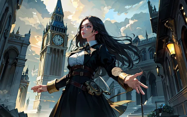 (clothed, masterpiece, wide angle, cinematic establishing shot, young adult european woman, highly detailed background:1.2), volumetric lighting, subsurface scattering, dynamic pose, (special effects, color grading, fantasy aura), (Sage of Time:1.4), (Small Perky breasts:0.81), Clockwork gears, timeless wisdom, hourglass, temporal spells