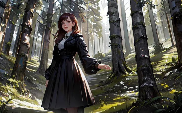 (clothed, masterpiece, wide angle, cinematic establishing shot, young adult european woman, highly detailed background:1.2), volumetric lighting, subsurface scattering, dynamic pose, (special effects, color grading, fantasy aura), (Forest Ent:1.4), Deep in woodland, framed by trees, camouflaged texture