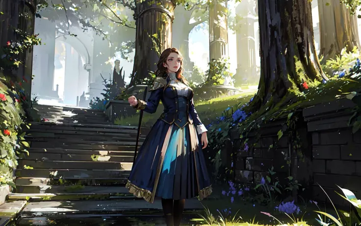 (clothed, masterpiece, wide angle, cinematic establishing shot, young adult european woman, highly detailed background:1.2), volumetric lighting, subsurface scattering, dynamic pose, (special effects, color grading, fantasy aura), (Grove Keeper:1.4), (Medium Covered breasts:0.81), Hidden grove, mystical flora, guardian staff, nature spirits