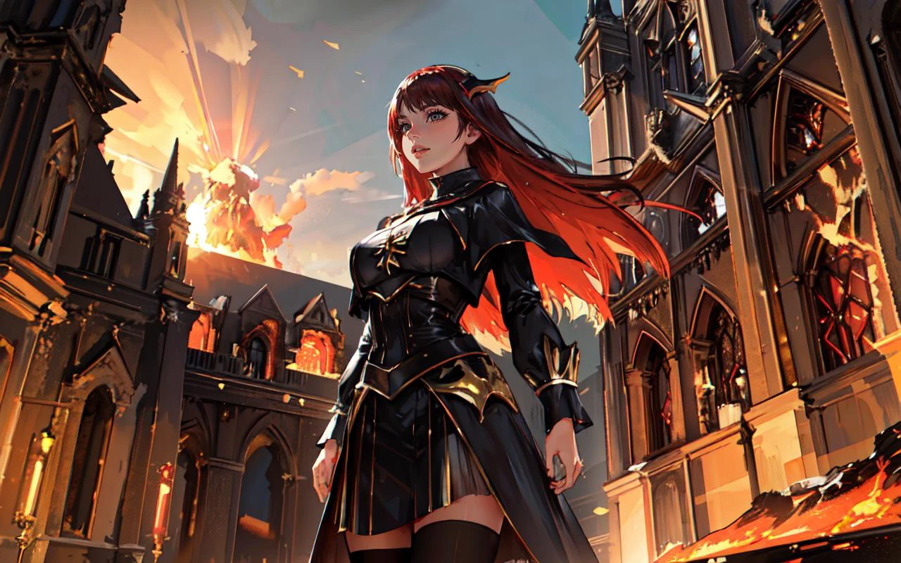 (clothed, masterpiece, wide angle, cinematic establishing shot, young adult european woman, highly detailed background:1.2), volumetric lighting, subsurface scattering, dynamic pose, (special effects, color grading, fantasy aura), (Volcanic Priestess:1.4), (Medium Covered :0.81), Lava flows, ritual mask, fiery incantations, molten rock