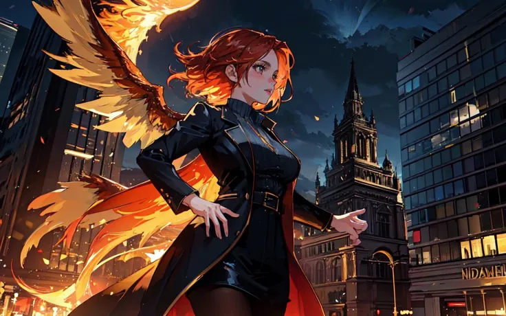 (clothed, masterpiece, wide angle, cinematic establishing shot, young adult european woman, highly detailed background:1.2), volumetric lighting, subsurface scattering, dynamic pose, (special effects, color grading, fantasy aura), (Molten Phoenix:1.4), Rising from ashes, vibrant against dark background, fiery plumage
