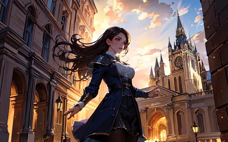 (clothed, masterpiece, wide angle, cinematic establishing shot, young adult european woman, highly detailed background:1.2), volumetric lighting, subsurface scattering, dynamic pose, (special effects, color grading, fantasy aura), (Dusk Enchanter:1.4), (Small Perky breasts:0.81), Evening glow, enchanted objects, twilight spells, magical trinkets