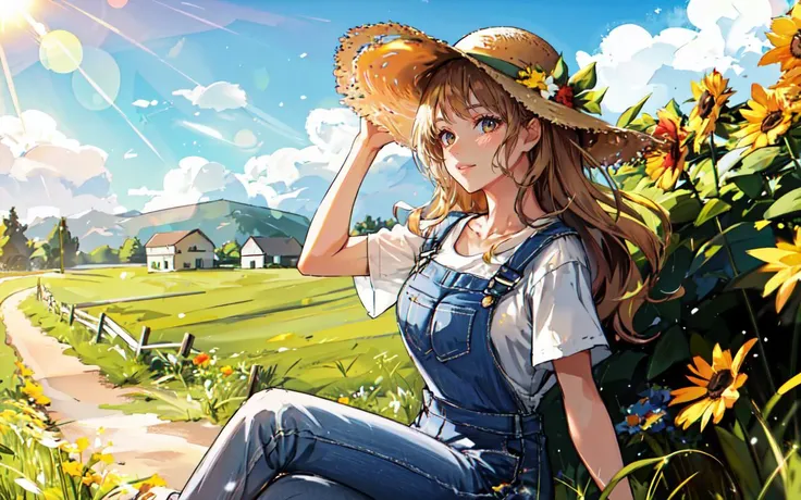 (quaint countryside setting, summer day), young adult woman, rustic casual summer fashion, (sitting on a wooden fence), thoughtful and serene pose, shoulder-length curly hair, light, sun-kissed makeup, (denim overalls over a simple white tshirt), comfortable boots, (holding a straw hat), (background: rolling hills, a distant barn, wildflowers), soft sunlight, (sense of relaxation and connection with the rural landscape)