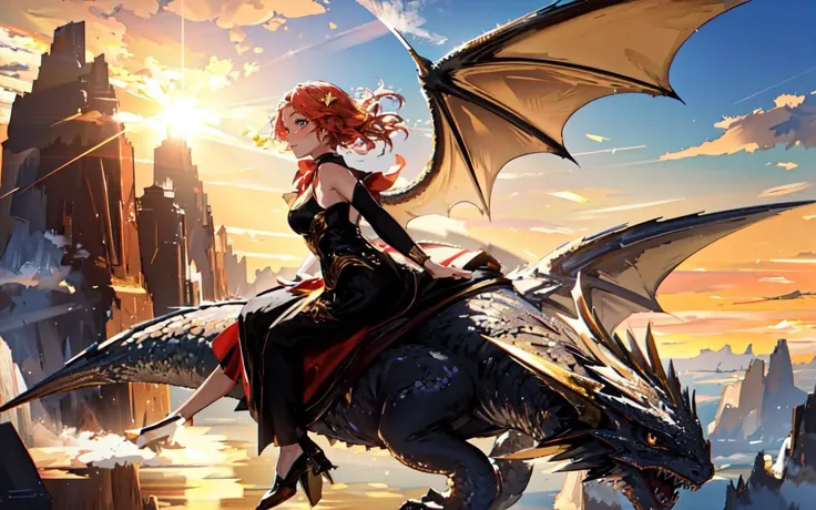 (cinematic still of flying along side attractive young woman on a dragon's back:1.3), Soaring on a Dragon Over Mystical Lands: Envision an ethereal dragon soaring gracefully over a landscape brimming with fantastical flora, shimmering lakes, and floating islands, bathed in the golden glow of an otherworldly sunset.