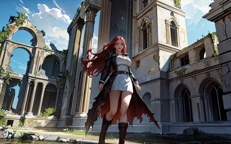 (clothed, masterpiece, wide angle, cinematic establishing shot, young adult european woman, highly detailed background:1.2), volumetric lighting, subsurface scattering, dynamic pose, (special effects, color grading, fantasy aura), (Ruin Explorer:1.4), (Cleavage, Large Covered breasts:0.81), Ancient ruins, explorer gear, hidden treasures, lost civilizations