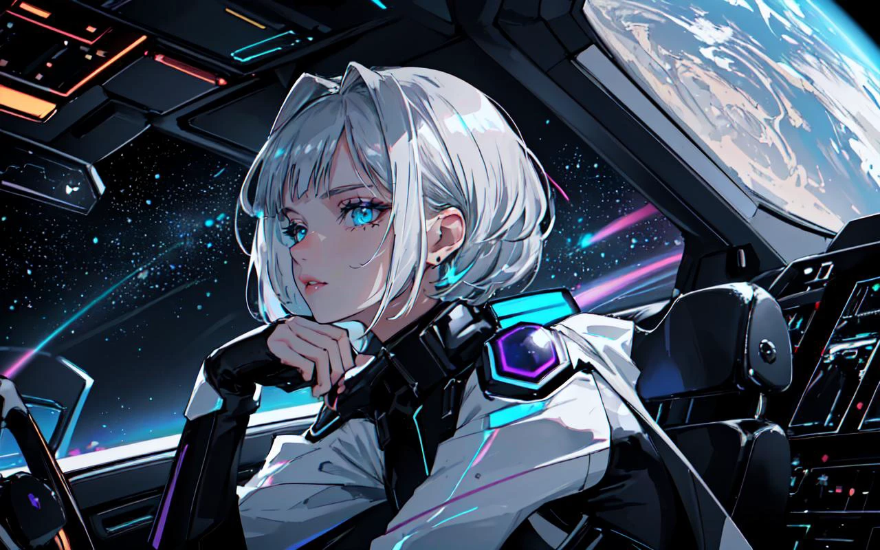 (over the shoulder:1.1), movie still, side view, spaceship cockpit, beautiful young skinny auburn caucasian adult woman sitting in spaceship cockpit looking over shoulder at viewer, glowing holographic instruments, (beautiful face:1.11), , smart fabric jumpsuit:1.3, lightweight structured jacket with sharp geometric lines, utility belt, kneehigh boots, fingerless gloves, (large spaceship cockpit with highly polished flooring and stellar view), backlit hair, perfect face, (pale freckles:0.6), (black and silver accents), perfect eyes, (studio lighting:0.3), low key, thin pouting lips, (white bob hair, ombre++ hair:1.2), wide set soft+ turquoise++ eyes, skin pores, (small retrousse nose:1.2), (pale skin), ultra detailed, (Intricate Environment)++, best quality, masterpiece, dramatic angle, highest detailed face, eyelid shimmer makeup, silver eyeshadow, iridescent cheekbones, muted rose lips, deep space blue, BREAK, starlight silver, nebula pink, and black hole black, planetary rings, asteroid clusters, geometric shapes, angular contours, Holographic control panels, chiaroscuro effects, reflective surfaces, starfilled skies, distant galaxies, Chrome finishes, brushed steel, shimmering surfaces, iridescent materials, Minimalist design, clean lines, modernistic details, 8k, best quality, masterpiece, (large covered :0.9)