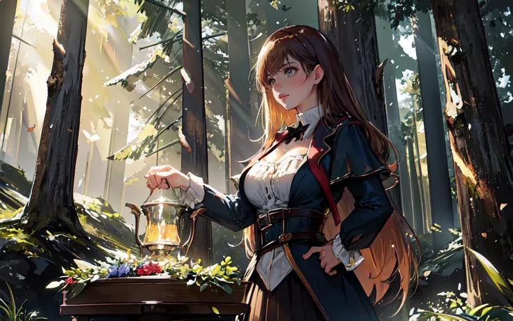 (clothed, masterpiece, wide angle, cinematic establishing shot, young adult european woman, highly detailed background:1.2), volumetric lighting, subsurface scattering, dynamic pose, (special effects, color grading, fantasy aura), (Forest Potion Master:1.4), (Small Perky breasts:0.81), Dense woods, bubbling cauldron, herbal wreaths, magical brews