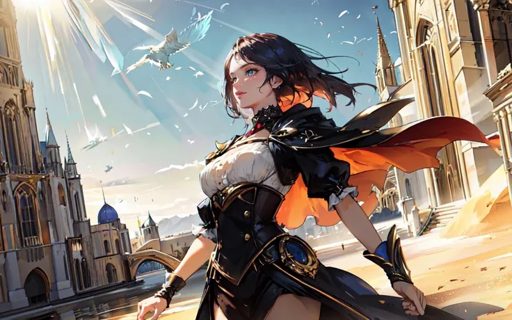 (clothed, masterpiece, wide angle, cinematic establishing shot, young adult european woman, highly detailed background:1.2), volumetric lighting, subsurface scattering, dynamic pose, (special effects, color grading, fantasy aura), (Mirage Weaver:1.4), (Small Perky breasts:0.81), Sandstorm, illusory oasis, desert attire, mystical sand creatures