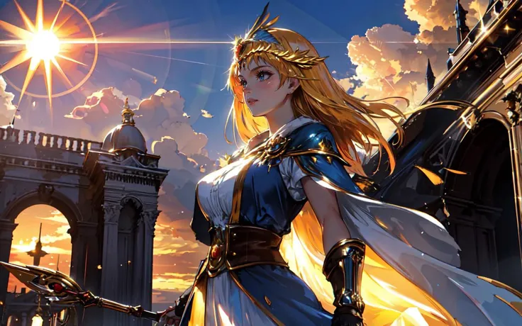 (clothed, masterpiece, wide angle, cinematic establishing shot, young adult european woman, highly detailed background:1.2), volumetric lighting, subsurface scattering, dynamic pose, (special effects, color grading, fantasy aura), (Sun Priestess:1.4), (Medium Covered breasts:0.81), Golden sunrise, radiant headdress, sunbeam cloak, divine staff