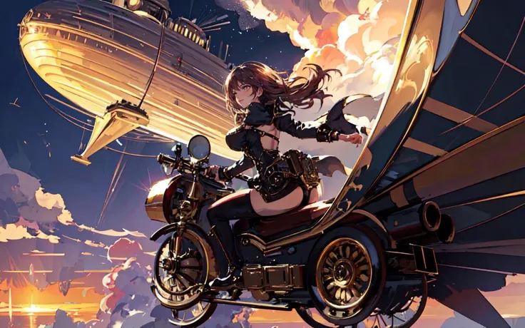 (solo-focus, cinematic photoshoot of perfect seductive young woman riding Steampunk Airship:1.3), majestic steampunk airship adorned with intricate brass gears and glowing steam vents, navigating through a sky streaked with amber and violet hues, amidst floating islands and surreal cloud formations.