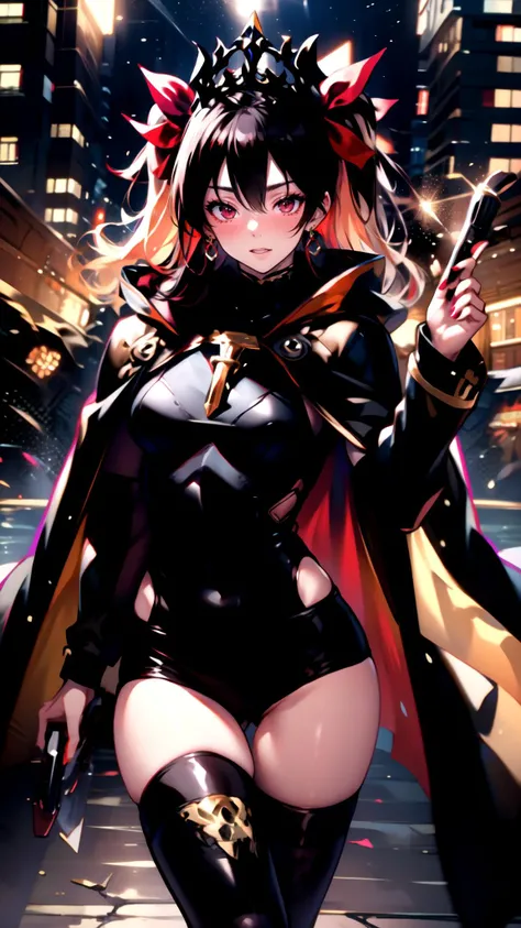 (masterpiece,ultra-detailed) <lora:HD_Horizon_v1_0:1>, <lora:Cyberpunk_sceneV1:0.6> tooimage , cyberpunk , futuristic city, (night:1.3) <lora:CHAR-EreshkigalV2:1> EreshkigalBase, two side up, hair ribbon, tiara, black dress, single sleeve, skull, spine, gold trim, red cape, single thighhigh