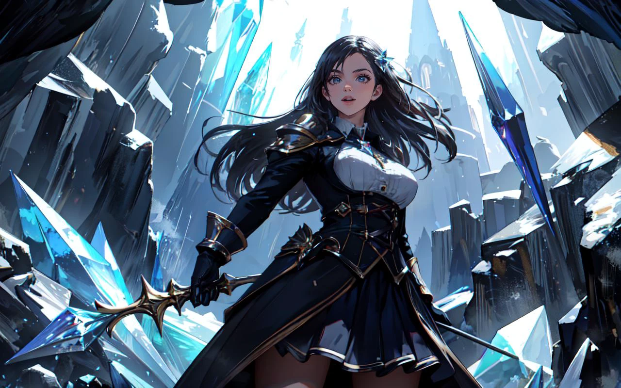 (clothed, masterpiece, wide angle, cinematic establishing shot, young adult european woman, highly detailed background:1.2), volumetric lighting, subsurface scattering, dynamic pose, (special effects, color grading, fantasy aura), (Crystal Cave Guardian:1.4), (Medium Covered :0.81), Glowing crystals, ethereal light, protective stance, enchanted spear