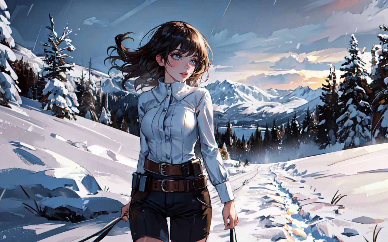(cowboy shot, solo-focus, cinematic photoshoot of perfect  young woman Navigating a Treacherous Mountain Path in a Blizzard:1.3), perilous journey along a snow-laden mountain path, with fierce blizzard winds sculpting surreal snowdrifts and ice formations, under a brooding, stormy sky.