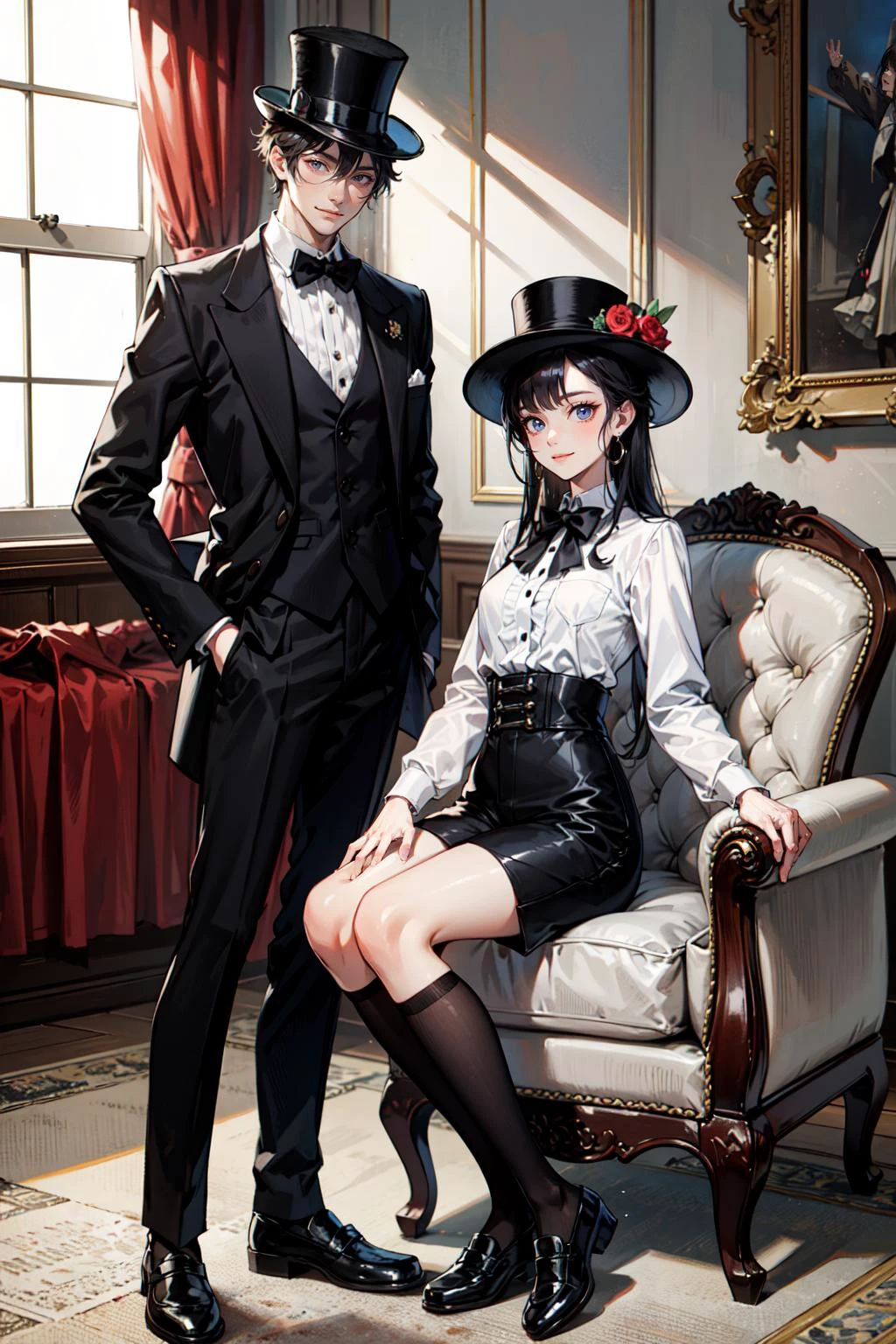 ((best quality, masterpiece, absurbres, super-resolution))
Oji Style (Elegant, Classic, Tailored, European influence)
Tailored jackets, Waistcoats, Cravats, Dress shirts, Bow ties
Trousers, Tailored shorts, Knee-high socks, Loafers, Brogues
Pocket watches, Hats (trilbies, top hats), Canes, Medals or pins, Classic leather belts
Neatly styled,Hair side part, Short to medium length