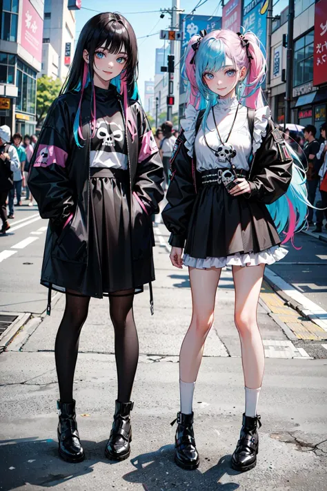 ((best quality, masterpiece, absurbres, super-resolution)), Full body, (Harajuku Fashion:1.3) (Street Photography), (Twins:1.3), Kawaii frilly mini-skirt, Avant-garde skull top, (Colorful Long Hair:1.5), Fashion Model Pose