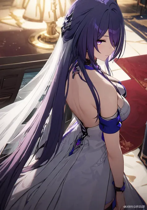 ((masterpiece)),((best quality)),highres,extremely detailed CG,perfect lighting,8k wallpaper,
1girl,acheron \(honkai: star rail\),purple hair,very long hair,purple eyes,white wedding dress,white veil,
<lora:Achreon_SDXL_V1-000014:1>,