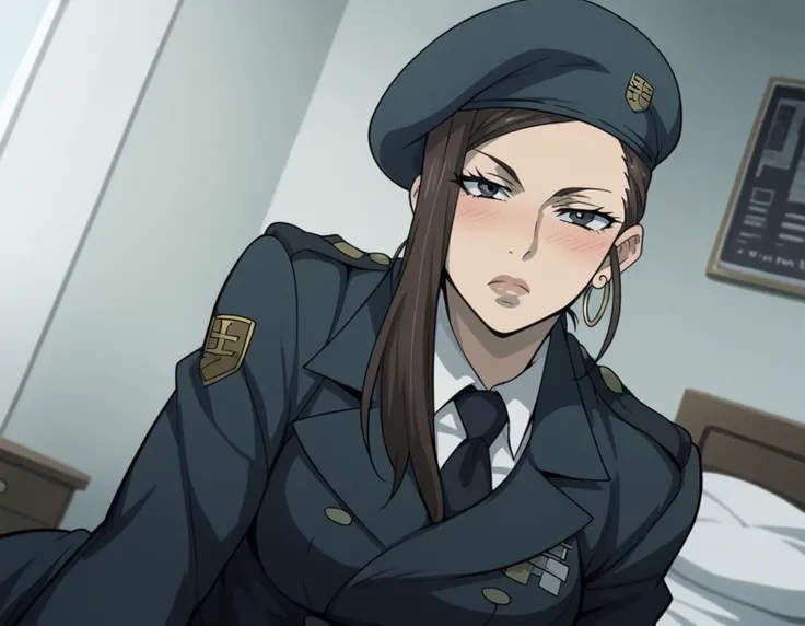 score_9, score_8_up, score_7_up, source_anime,
kiwakomakinaflugel, <lora:kiwako-makina-flugel-s1-ponyxl-lora-nochekaiser:1>,
kiwako makina flugel, large breasts, brown hair, black eyes,
hat, jewelry, earrings, necktie, uniform, military, military uniform, beret,
indoors, bed, bed room, on side, blush, drunk,
cowboy shot, looking at viewer, solo, dutch angle,