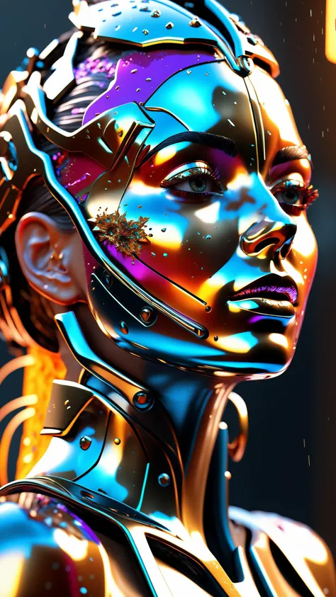 ((masterpiece),(best quality),(ultra-detailed),(unreal engine), (octane render), (HDR), (shattered visage:1.1) a close up portrait of a beautiful (metal:0.3) woman (mechanical:0.5) face coated in a colourful goo-like substance that wraps around her face(glow effects,:1.6) (god rays, Sharp focus:1.2), big depth of field, 3d octane render, 4k , extremely detailed 8k wallpaper, Intricate, High Detail, dramatic), detailed