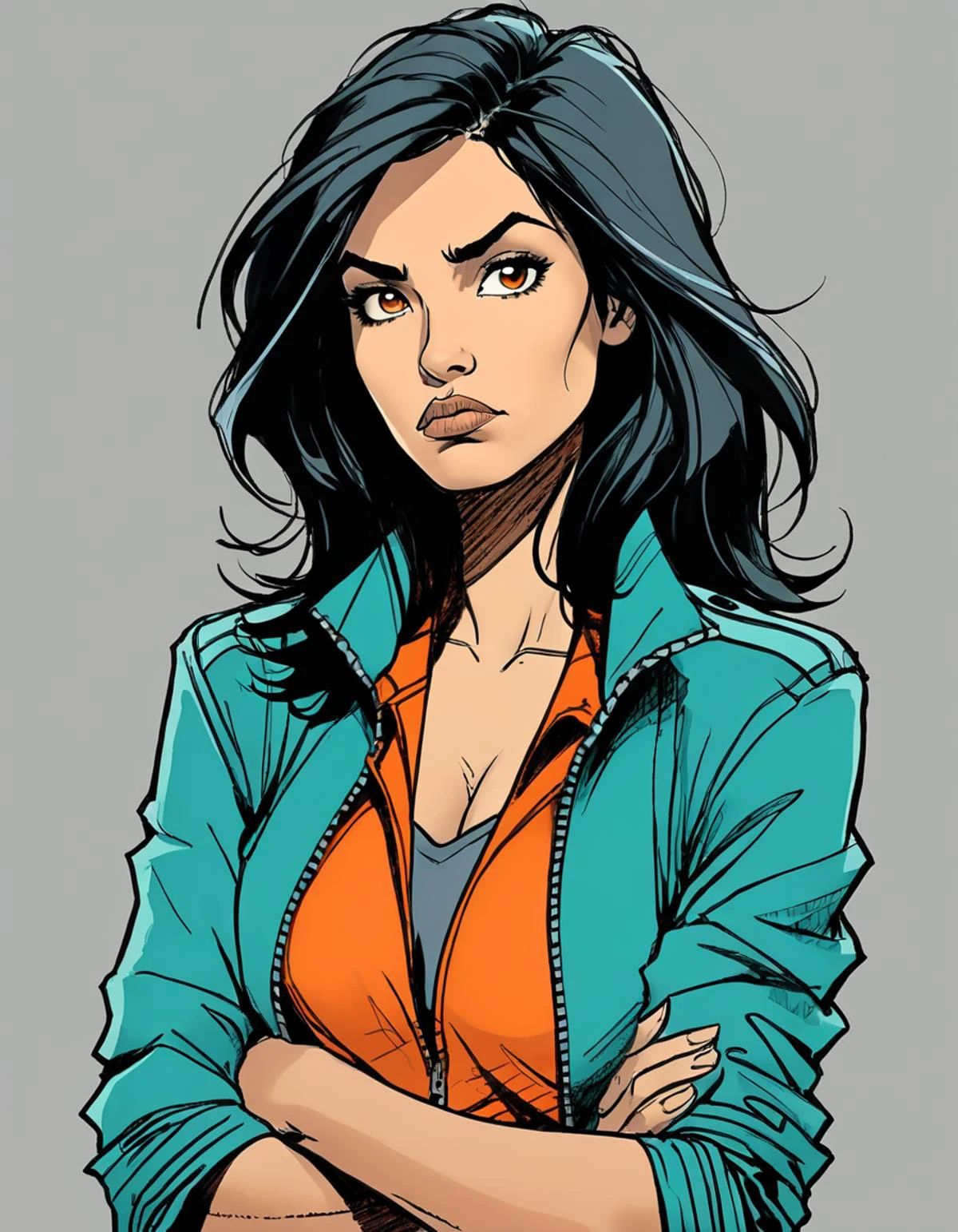 ((pen and ink drawing:1.4)),newspaper comic strip style:1.1,a 23 y.o Hispanic woman,messy shoulder length black hair,teal jacket,orange pants,crossed arms,looking at viewer,scowling,(simple background,grey background:1.1)