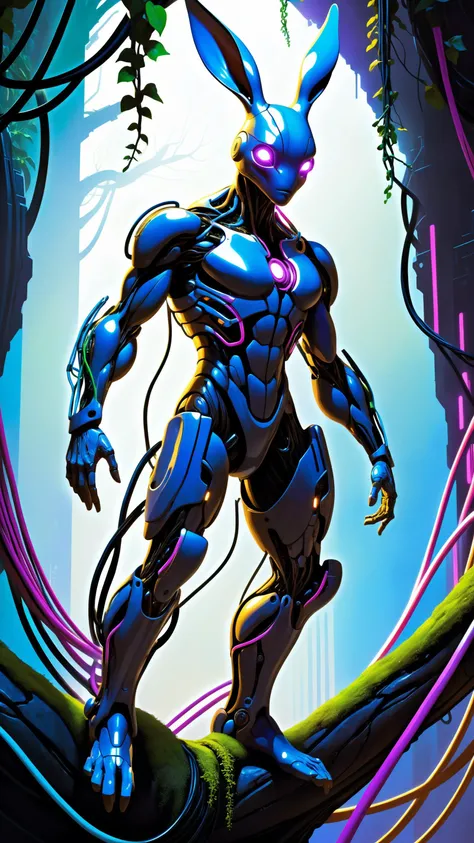 ethereal fantasy concept art of cyberpunk Groot, dynamic pose, hi-tech cybernetic suit, muscular, intertwined vines growing out of the ground, branches, deep shadows, vibrant, crisp, sleek, ultramodern, cinematic, ultra detailed, professional, cyberpunk theme, (electric violet accents:0.8), magnificent, celestial, ethereal, painterly, epic, majestic, magical, fantasy art, cover art, dreamy, Cyborg hare, high detailed face, beautiful body, glowing hair, looking at the camera, breeze, neon strings, chaotic wiring/cables, scifi, futuristic, highly detailed, cinematic, cyberpunk, highly detailed and intricate, rich deep colors. sf, raphael, caravaggio, greg rutkowski, beeple, beksinski, giger