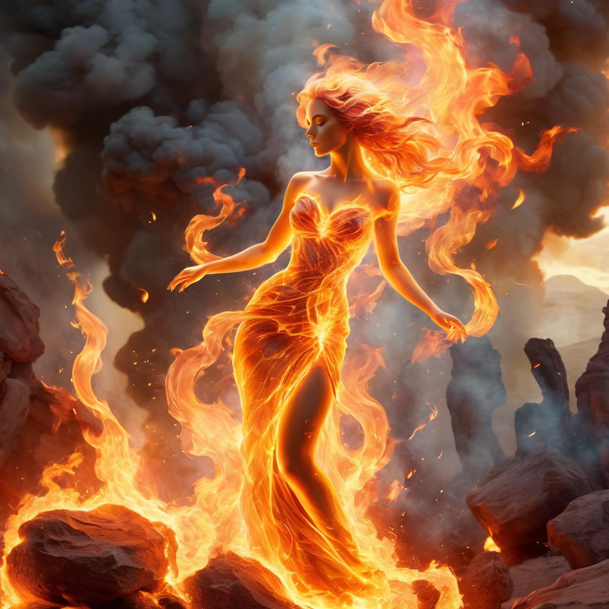 A woman in a dress is standing on a rock with fire - SeaArt AI