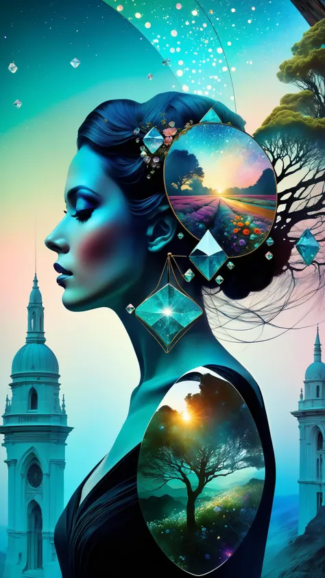 Futuristic utopia, Adventure, Aether, Kraken, Car, Nebula, Verdant, Canvas, Spontaneous Human Combustion, Voyage, Lovely, Grateful [:vintage cars:15], (Double exposure:1.3) photo of a noble lady made of mosaic of iridescent crystal glass with sub scattering mirror surface imposing onto transparent tree hollow trunk in living brocade underbust dress made out of flowers, bokeh sky by Peter Gric, Conrad Roset, Brandon Kidwell, Andreas Lie, Dan Mountford, Dan Witz, Agnes Cecile, Jeremy Mann, fine art, super dramatic moonshine, silhouette photoillustration, amazing depth, intricate detailed fine cracked surface, stunning atmosphere, mesmerizing whimsical vibrant scenery, complex masterwork by head of prompt engineering
