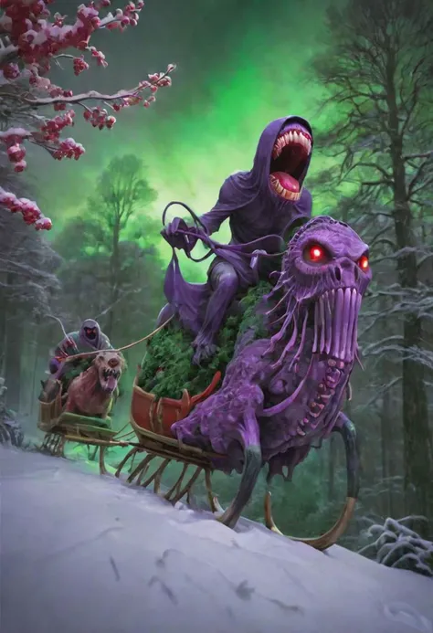 Green Cthulhu, tentacles, toxic green glow, wearing a red and white Santa outfit, riding a sleigh pulled by rabid mutant wolves, as terrified villagers run and hide, Super high definition, ancient purple and green forest decorated for Christmas, HDR, Dark vaporwave color palette, huge twisting vines, snowy town decorated for Christmas