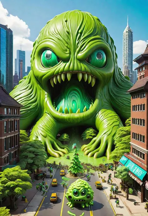 giant tree monsters attacking a slime city