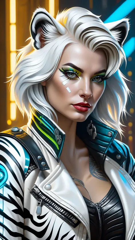 Cyberpunk white tiger is women, punk jacket, renaissance, hyper realistic style, oil painting, fantasy by olga fedorova, cartoon style
