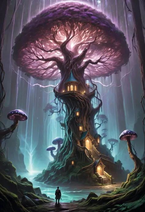 Positive prompt:
Generate a breathtakingly ethereal fantasy concept art featuring the depths of an ancient gnarled tree, with its twisted branches reaching out to embrace a magnificent celestial enchanted donmv01dfm4g1c3xl shroompunkai ciy nestled amongst them, dim eerie light cast by the castle should illuminate both the corrupted tree and its dark surroundings, creating an ominous yet captivating atmosphere. Emphasize the painterly style of Andreas Rocha and H.P. Lovecraft to infuse this artwork with a sense of otherworldliness and mystery. Ensure that every element in this masterpiece is rendered with ultra-realistic high quality and highly detailed textures for maximum realism, making it perfect as cover art or simply an epic piece of fantasy art.