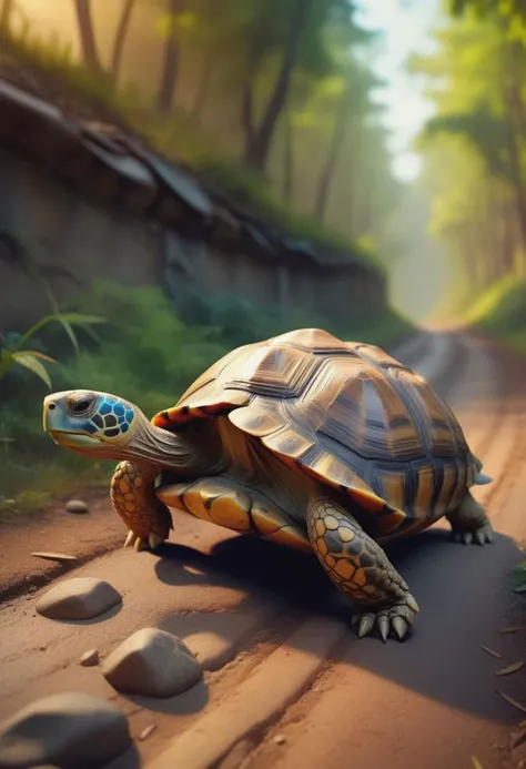 (8k 16k UHD photo, best quality, master:1.2), (realistic, photo-realistic:1.37), ultra detailed, chasing down a narrow road evading an explosive horrifying end of the world a, psychedelic tortoise cinematic lighting, rich and vibrant in color, exceptionally realistic, in a complex background, shot in 8k 16k technology, a masterpiece, Enhance,<lora:Add_Details_XL-fp16:0.800000>