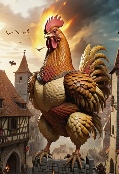 giant chicken monsters attacking medieval city