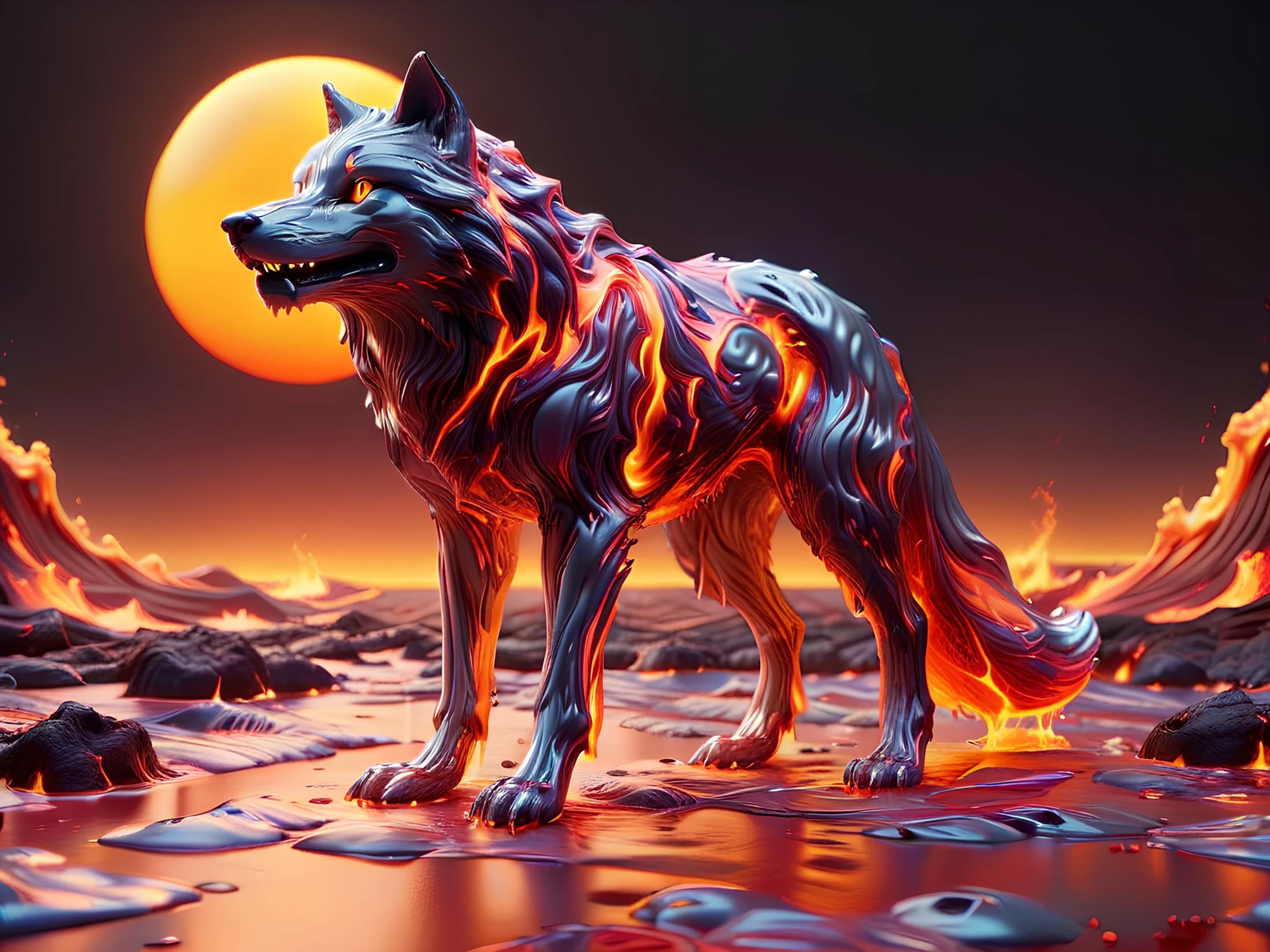 vaporwave backdrop, synthwave lava, fire wolf, <lora:ral-lava:0.6> ral-lava, <lora:ral-chrome:0.6> ral-chrome, fiery sun