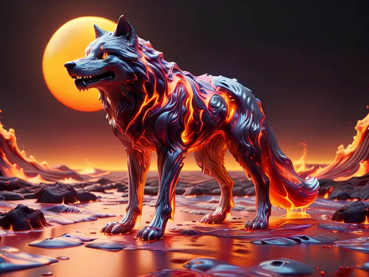 vaporwave backdrop, synthwave lava, fire wolf,  <lora:ral-lava:0.6> ral-lava, <lora:ral-chrome:0.6> ral-chrome, fiery sun