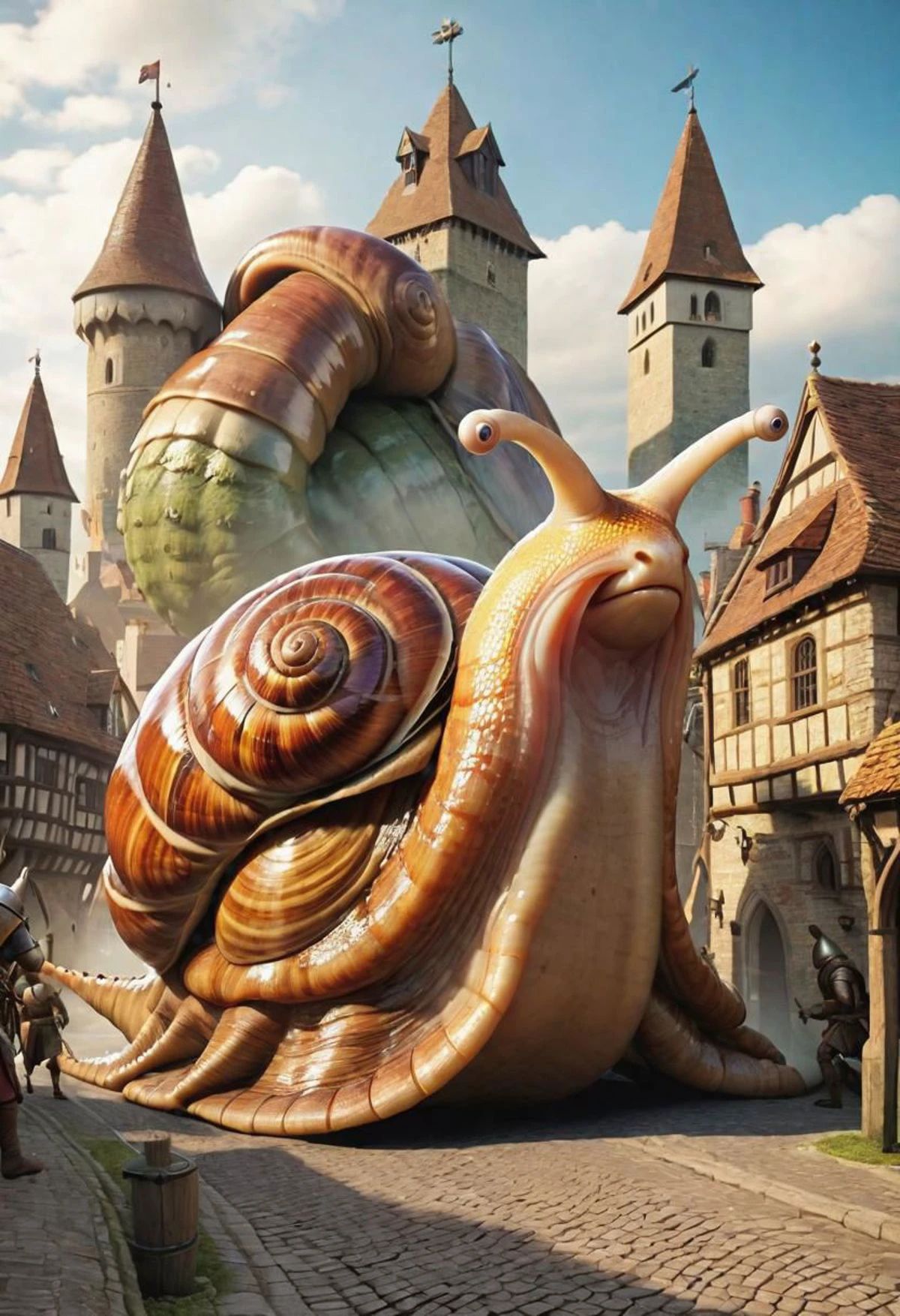 giant snail monsters attacking medieval city