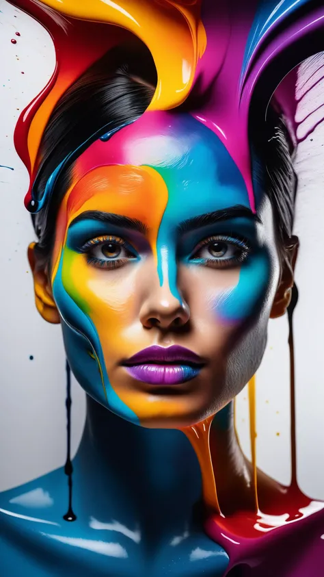Colorful ink cascaded the canvas, forming human face. photo, studio lighting, sony a7, 35mm, hyperrealistic, big depth of field, concept art, colors, hyperdetailed, hyperrealistic, (big depth of field), (moody lighting), (ambient light), ((cinematic))