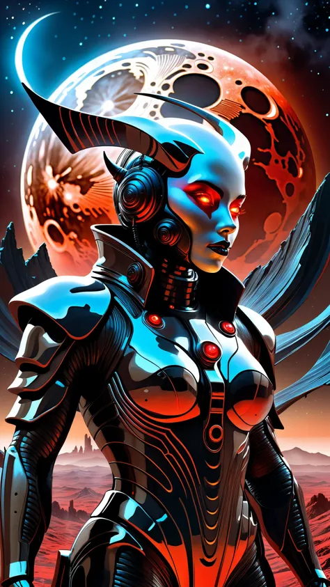 A portrait of a demon cyborg ghost, a mask, cinematic, melancholy, dynamic lighting, dark background, ultra high resolution, Perfectly composed, crisp, award-winning, alcohol ink embossed image of a highly detailed science fiction landscape, breathtaking attention to detail. elaborately designed background of a night starry sky with a red moon, gothic illustration, detailed, complicated details, Ultra HD 32k, otherworldly, mystical, Fantasy, complex background, dynamic lighting, marc simonetti, cinematic, 4k, epic Steven Spielberg still, sharp focus, emitting diodes, smoke, artillery, sparks, racks, system unit, motherboard, by pascal blanche rutkowski repin artstation hyperrealism painting concept art of detailed character design matte painting, 4 k resolution blade runner