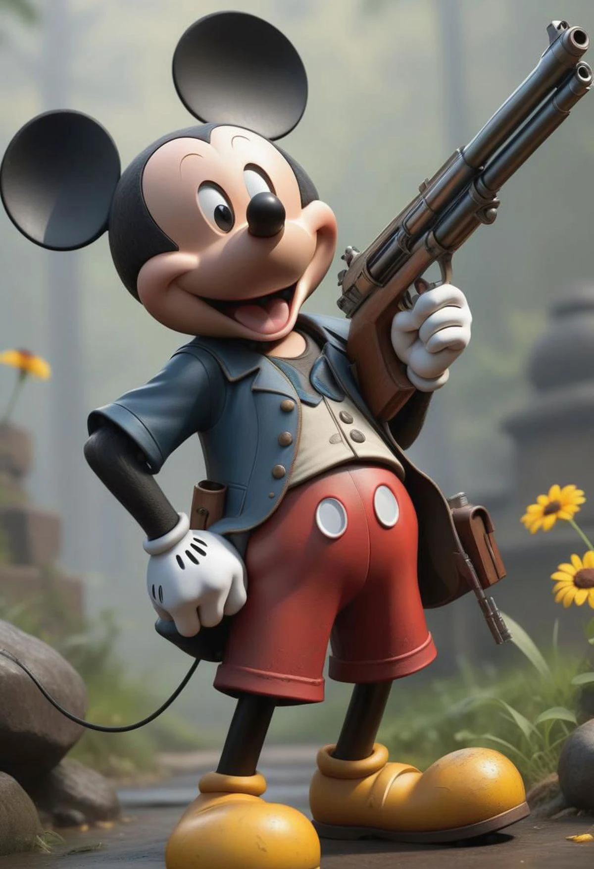 (8k 16k UHD photo, best quality, master:1.2), (realistic, photo-realistic:1.37), ultra detailed, mickey mouse with a gun, trending on artstation, 4k, hyper realistic, focused, extreme details, unreal engine 5, cinematic, masterpiece, art by studio ghibli, intricate artwork by john william turner, rich and vibrant in color, exceptionally realistic, in a complex background, shot in 8k 16k technology, a masterpiece, Enhance,<lora:Add_Details_XL-fp16:0.800000>