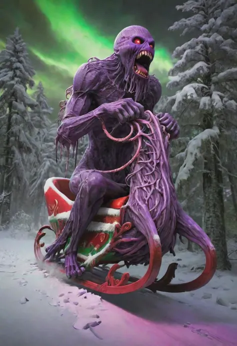 Green Cthulhu, tentacles, toxic green glow, wearing a red and white Santa outfit, riding a sleigh pulled by rabid mutant wolves, as terrified villagers run and hide, Super high definition, ancient purple and green forest decorated for Christmas, HDR, Dark vaporwave color palette, huge twisting vines, snowy town decorated for Christmas