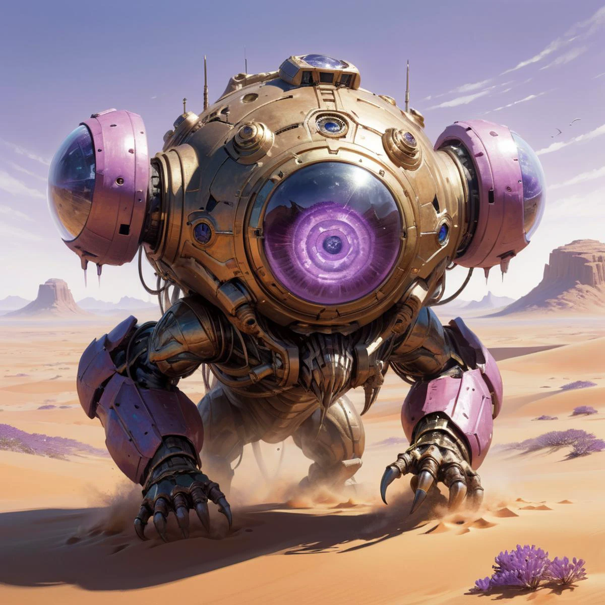 famous artwork (by aleksi briclot:1.4), detailed expressive eyes, fantasy style, the slippery gronkblat is a fearsome desert dweller of planet aromaduplex , camouflaged amidst the lilac colored boondiversed dunes we see it surveying the surroundings with its intricate apdreaperely multifaceted eyes from atop a rocky dorxed snizzleplume, beware its poisonous klorftwizzle <lora:add-detail-xl:2>