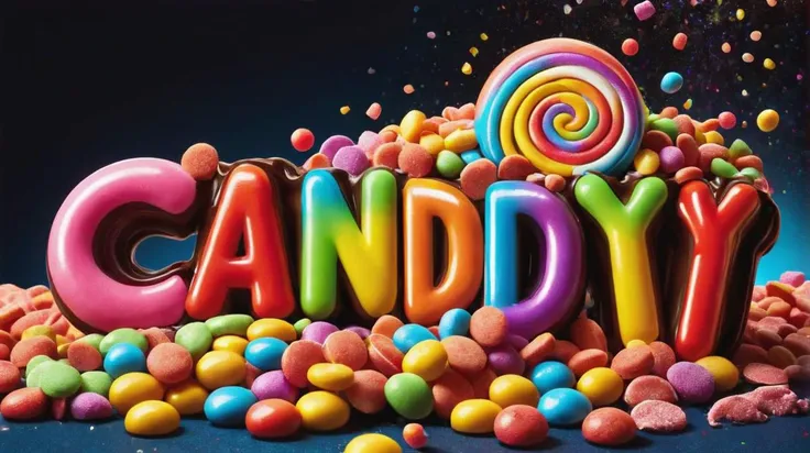 <lora:Harrlogos_v2.0:1> ("Candy":1.6), (text logo:1.2) Bright rainbow lettering, dripping like caramel, neon colors, glittering rainbows, in the cosmos, boxes of every color spilling candy
