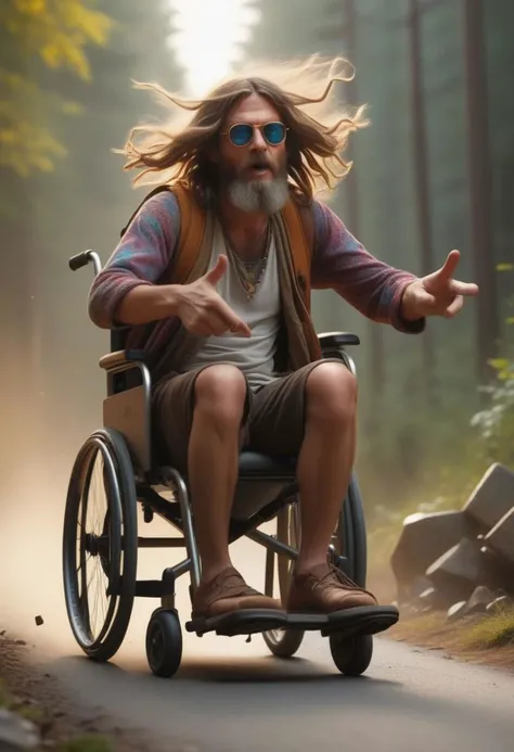 (8k 16k UHD photo, best quality, master:1.2), (realistic, photo-realistic:1.37), ultra detailed, chasing down a narrow road evading an explosive horrifying end of the world a, hippie in a wheelchair, cinematic lighting, rich and vibrant in color, exceptionally realistic, in a complex background, shot in 8k 16k technology, a masterpiece, Enhance,<lora:Add_Details_XL-fp16:0.800000>